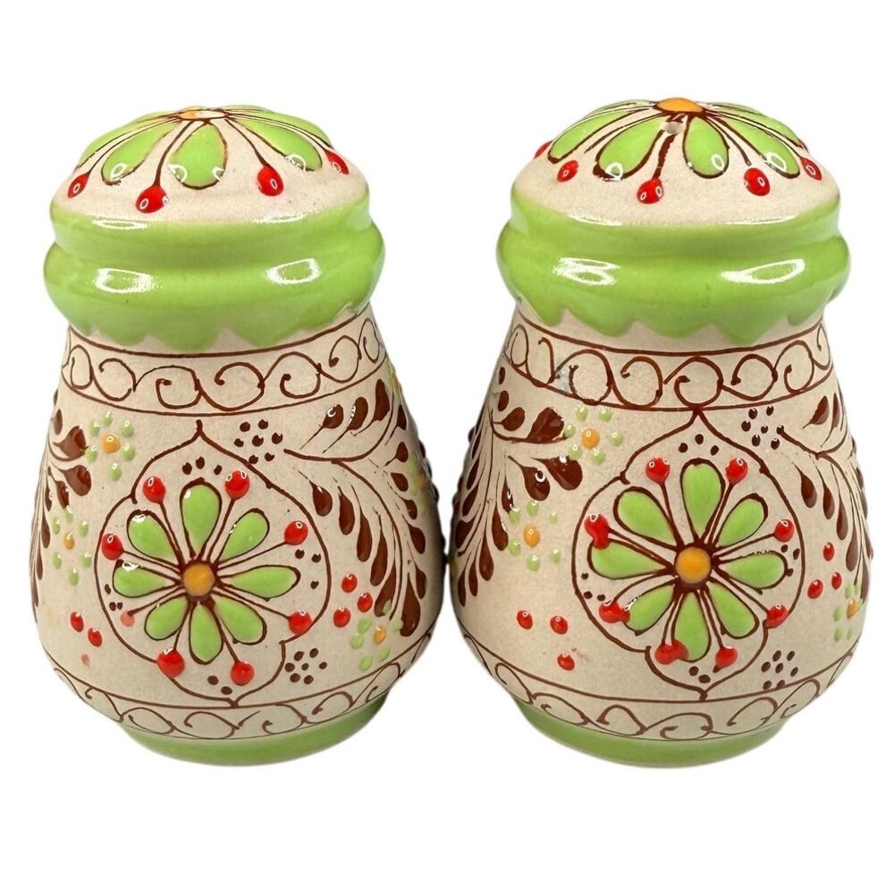 Vintage Stoneware Salt Pepper Shakers Hand Painted Floral Folk Art Green Retro